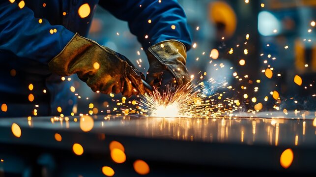 A skilled worker operates a welding machine, creating sparks and illuminating a factory with vibrant energy in this dynamic industrial scene.