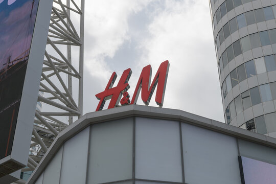 rooftop channel lettering sign of H&M, a clothing store chain, located here at 1 Dundas St W, CF Toronto Eaton Centre