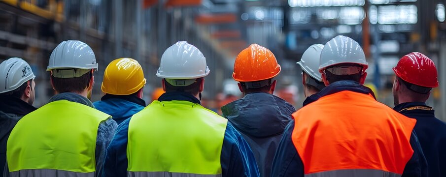 Group of construction workers observing their workspace, showcasing teamwork and safety measures in an industrial setting.