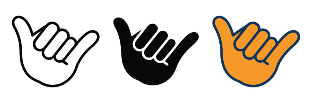 Set of three shaka hand gestures in outline, silhouette, and color style, vector illustration representing aloha