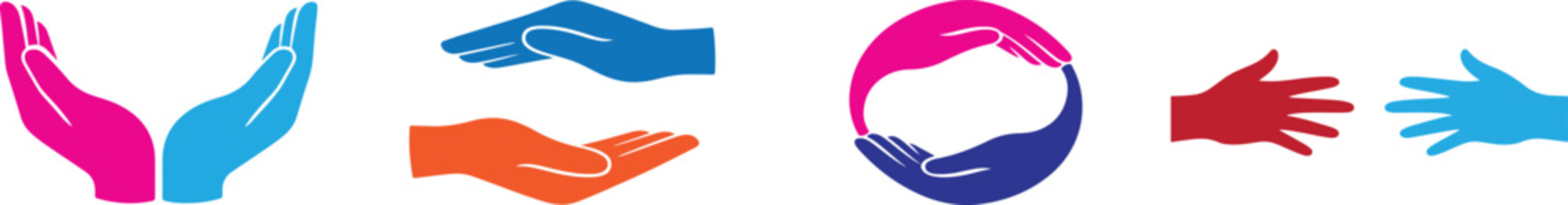 Hand care logo set featuring wellness, protection, hygiene and support symbols for healthcare use