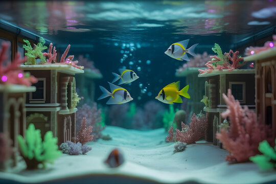 Acuario decorativo con casas en miniatura, peces amarillos y corales de colores