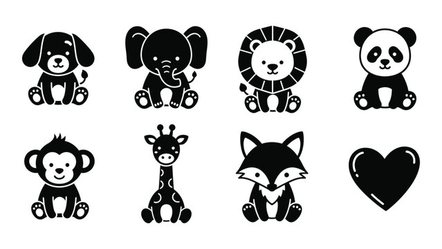 A collection of simple black and white cartoon animal icons including a dog elephant lion panda monkey and fox high quality