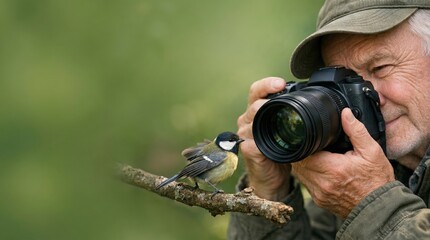 Fototapeta premium Senior man photographing bird outdoors showing active hobby and digital engagement in nature observation lifestyle