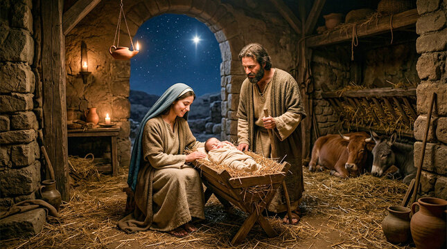Jes&uacute;s naciendo en un establo humilde en Bel&eacute;n, con Mar&iacute;a y Jos&eacute;, iluminaci&oacute;n c&aacute;lida, estilo hiperrealista, detalles hist&oacute;ricos precisos, ambiente nocturno