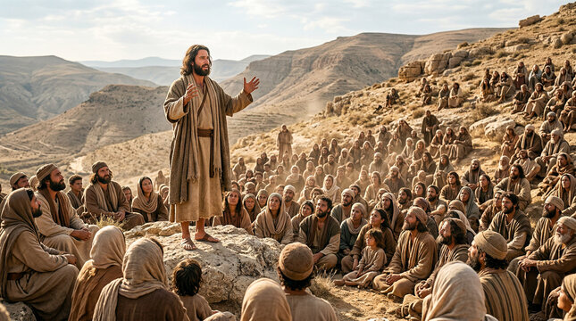 Jes&uacute;s predicando a multitudes en una colina, vestimenta sencilla, paisaje &aacute;rido, iluminaci&oacute;n natural hiperrealista