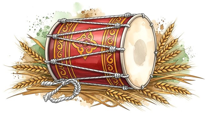 Watercolor illustration for baisakhi with a dhol and wheat sheaves