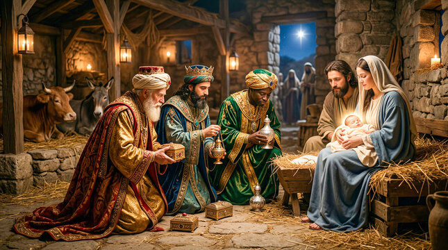 Los Reyes Magos adorando al ni&ntilde;o Jes&uacute;s con regalos, vestimenta oriental hist&oacute;rica, iluminaci&oacute;n dorada, hiperrealismo cinematogr&aacute;fico