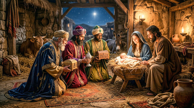 Los Reyes Magos adorando al ni&ntilde;o Jes&uacute;s con regalos, vestimenta oriental hist&oacute;rica, iluminaci&oacute;n dorada, hiperrealismo cinematogr&aacute;fico