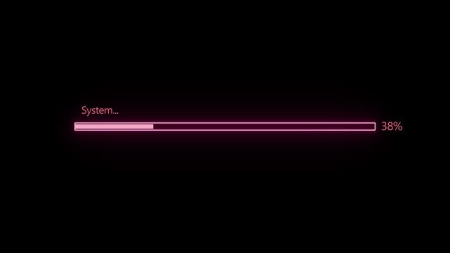 Neon pink progress bar loading animation with system update text on black background