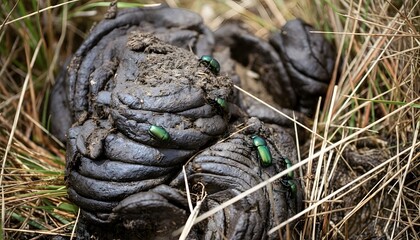 Obraz premium Green Beetles on Dark Fresh Dung with Grass