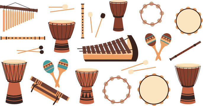 Percussion Instruments Collection Vector Illustration with Drums, Maracas, Tambourines, and Xylophones for Music, Rhythm, and Sound Designs