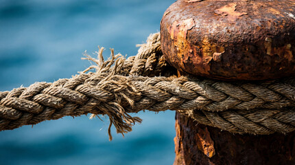 Heavy Tensioned Maritime Hawser Rope Wrapped Around Rusted Iron Bollard