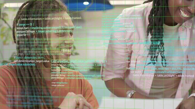 Team exchanging high-five and reviewing paper approving tech with grid and code overlay over them