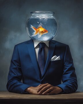 Surreal concept of a businessman with a goldfish bowl instead of a head sitting at a table