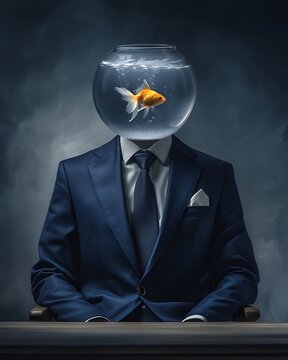 Surreal concept of a businessman with a goldfish bowl instead of a head sitting at a table
