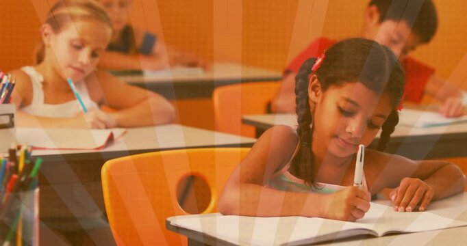 Braided-hair girl writing for classwork, workbooks causing classmates' writing near orange chairs