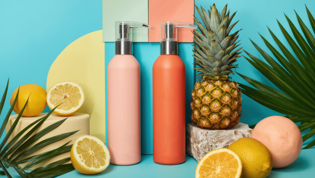 Natural skincare products with almonds and marula oil on turquoise background natural cosmetics