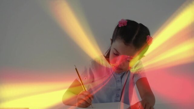 Child leaning writing in notebook, pencil touching paper sparking warm beams across scene for study