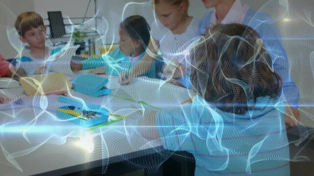 Girl holding tab teacher handing tools urging kids drawing for school craft with blue mesh overlay