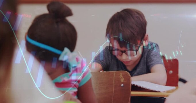Camera panning right, boy with glasses writing worksheet in classroom for learning, charts sweeping