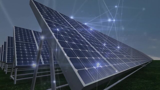 Moving camera forward, revealing ground panels at solar farm, pulsing network overlay and sun flare