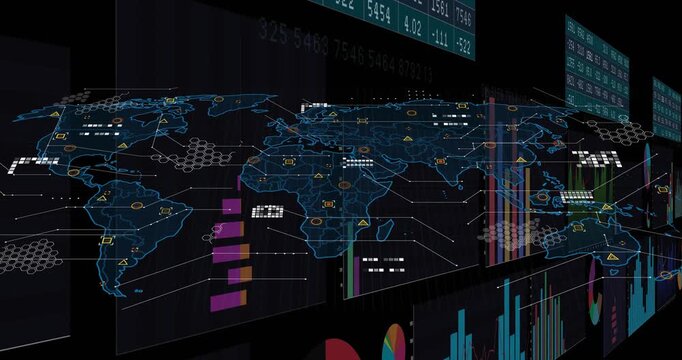 Data feed driving analytics wall revealing world map overlay and rising bars showing regions