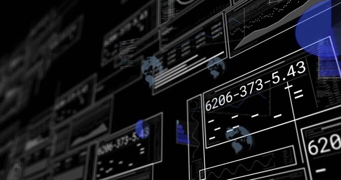 Technology dashboard panels appearing in black void, camera panning, tiles updating, showing charts