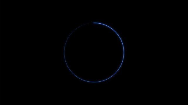 Loading circle with glowing blue neon ring animated on black background