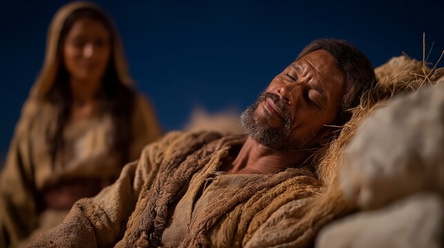 A serene biblical night scene of Boaz sleeping beside a pile of grain on a hilltop threshing floor, as Ruth quietly approaches under a star-filled sky lit by moonlight and soft fire glow.
