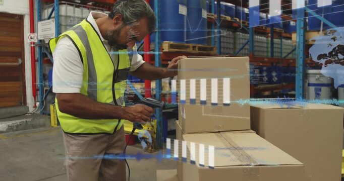 Warehouse worker picking scanner scanning labels activating AR data adjusting boxes updating stock