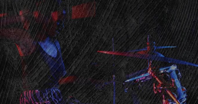 Woman drummer lowering sticks, striking cymbals, toms driving music ring overlay adding motion