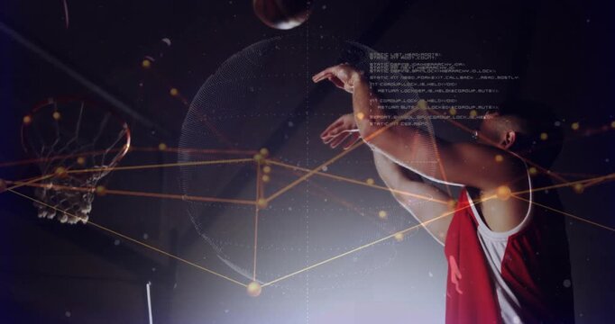 Male player lifting and shooting for shot analysis while sports AR wireframe tracking arc to hoop