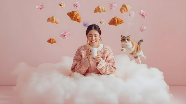 Cloud Dreamer's Delight: A serene woman is nestled within a cloud-like setting, savoring her coffee while delightful croissants and blossoms appear to float above her.