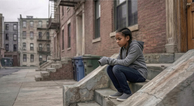 Lonely young African American girl sitting on the concrete stoop of an urban brick apartment building. The sad child in a grey hoodie looks down thoughtfully on a quiet city street.