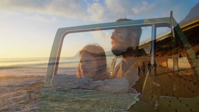 Couple leaning on car window, ocean fading, waves sweeping over couple, emphasizing time for travel