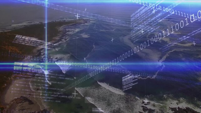Blue scanline appearing, aerial coastline showing mapping overlay with binary ribbon sweeping