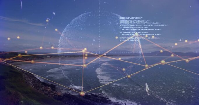 Dotted globe animating golden nodes, code over coastline, visualizing tech data during playback