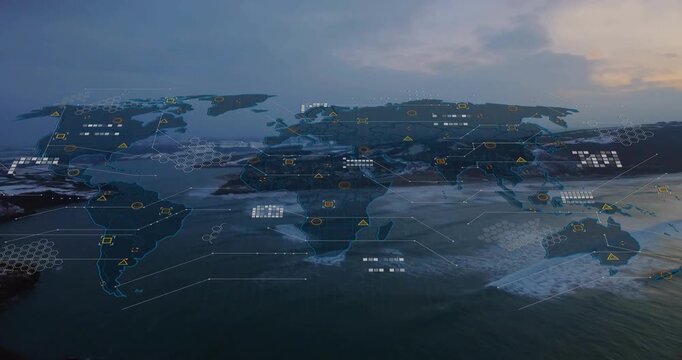 Dawn aerial coastal shot starting world map overlay, HUD nodes pulsing, visualizing network