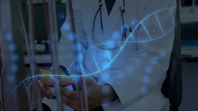 Vertical video: Camera pulling back showing lab coat doctor fixing IV tubing for infusion DNA helix