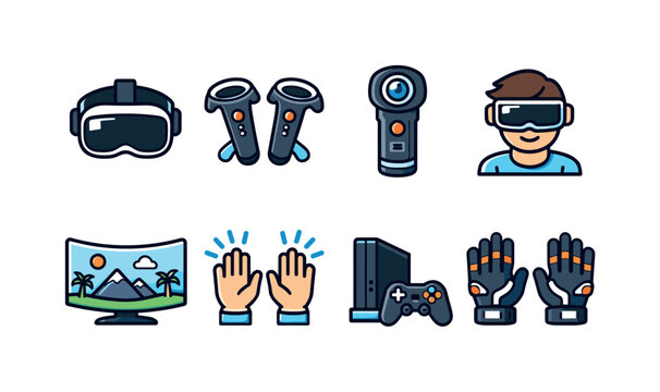 Virtual reality experience: vr headset, motion controllers, 360 camera, virtual avatar, immersive screen, hand tracking gesture, gaming console