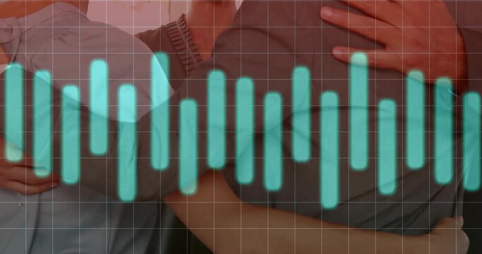 Vertical video: Reacting to teal waveform, three adults tightening hug in office shirts for support