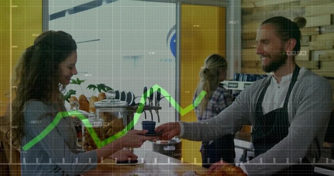 Customer reaching after pay, barista handing cup, receiving at cafe, green overlay crossing counter