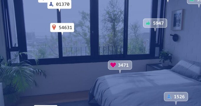 Bed and window receiving multiplying, drifting alert bubbles from corner, signaling marketing surge