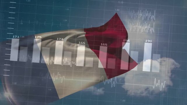 Tricolor flag rippling in bright sky, digital charts fading in and mapping analytics onto fabric