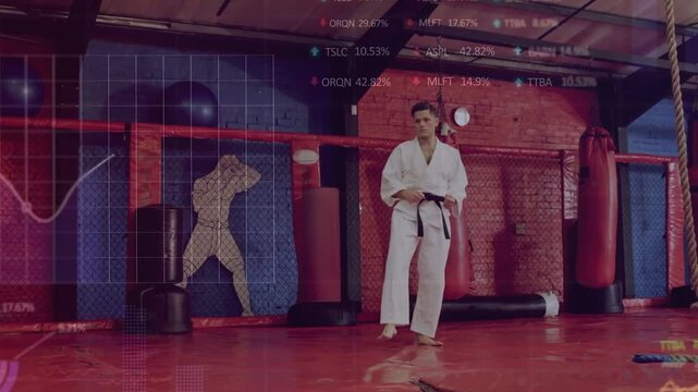 Man karateka raising knee executing high kick resetting hands at belt drill HUD tracking motion