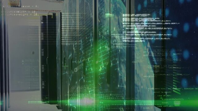 Server racks receiving animated globe and scrolling code, green scanline pulsing to monitor network