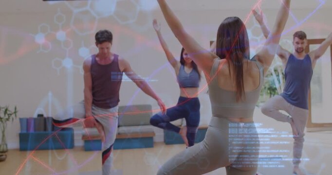 Fitness coach raising arms leading balance pose, class correcting, hex overlay scrolling over group