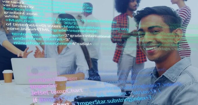 Developer tapping device and growing code overlay across meeting while demoing tech prototype