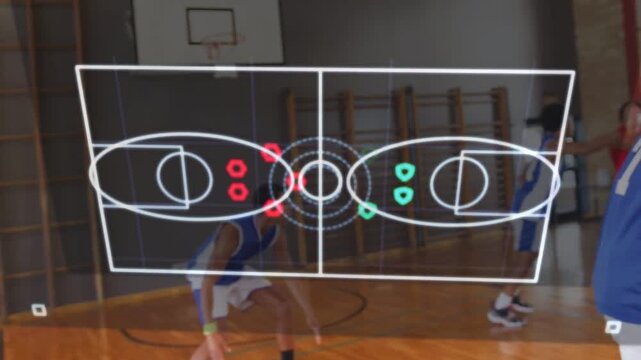 Two front players contesting play while animated court diagram fades in, mapping sports tactics